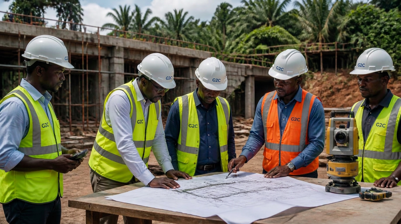 Ingénieurs G2C en revue de structure béton armé sur un chantier au Gabon