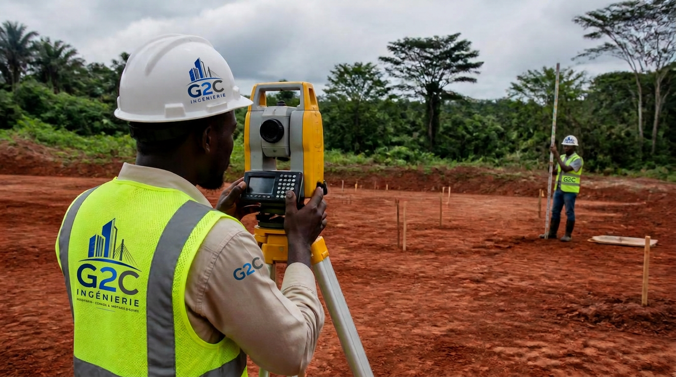 Relevé topographique au tachéomètre sur un terrain à bâtir au Gabon