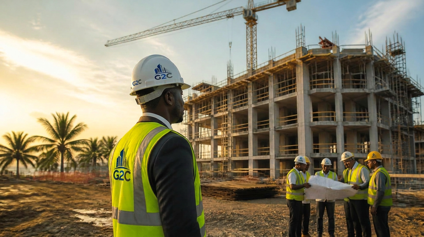 Ingénieurs gabonais et européens de G2C préparant un chantier de bâtiment moderne au Gabon